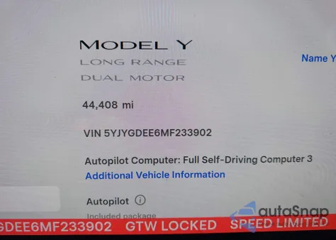 2021 Tesla Model Y Long Range Dual Motor All-Wheel Drive z USA, uszkodzony, nr VIN 5YJYGDEE6MF233902